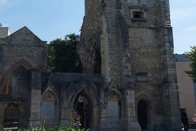The surviving tower and roofless nave of Holyrood Church on Southampton High Street