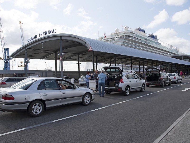 The drop-off canopy at Southampton's Ocean Cruise Terminal with a ship alongside