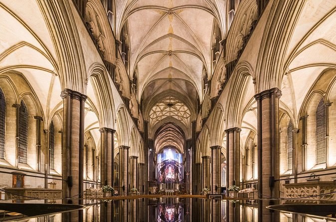 The vaulted nave of Salisbury Cathedral looking east along the arcade