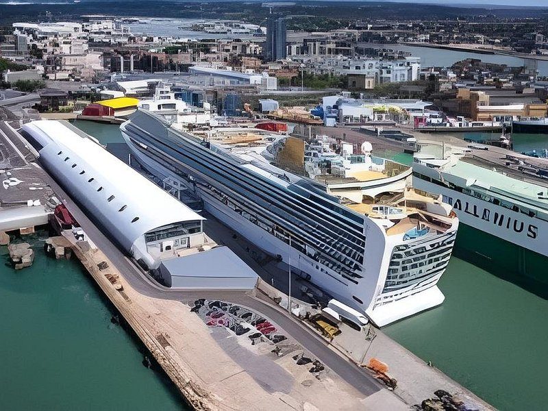 Three cruise ships alongside in Southampton's Western Docks, seen from the air