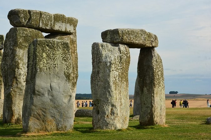 The inner trilithons of Stonehenge seen close from the visitor path