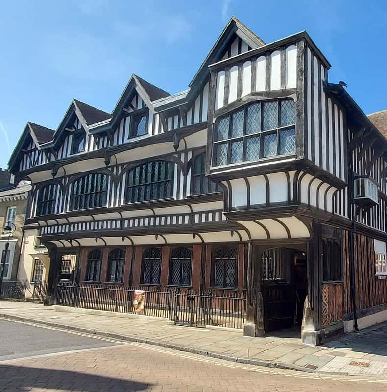 The timbered front of Tudor House on the corner of Bugle Street in Southampton